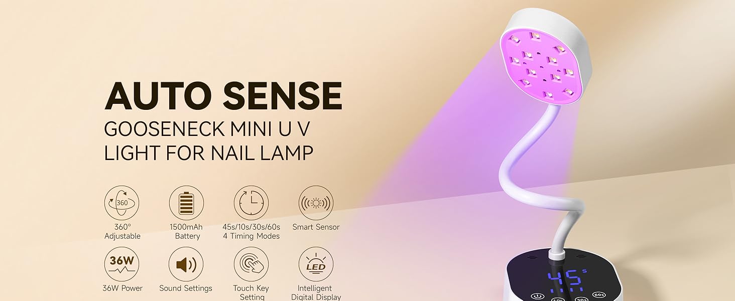 Nail Lamp, Gooseneck Mini U V Light for Gel Nails, 36W Rechargeable LED Flash Cure Lamps with 4 Timers & Auto Sensor, Quick Dry Professional Nail Dryer for Salon Home DIY Use, White