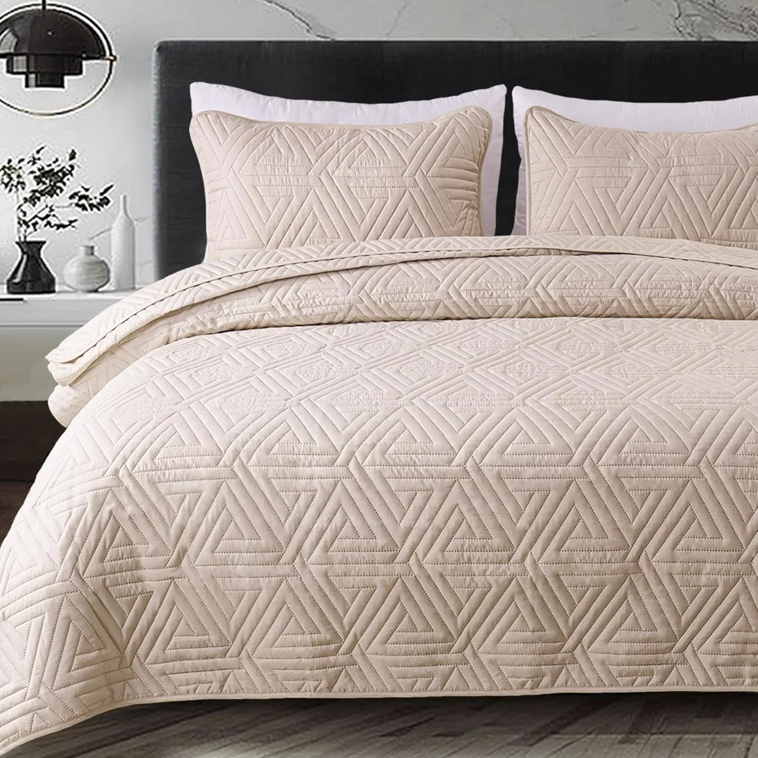 Soft Queen Size Set for All, 3-Piece Ultrasonic Geometric Bedding Set, Lightweight Reversible Bedspread, Coverlet, Bed Cover with 2 Pillow Shams, Brich Beige