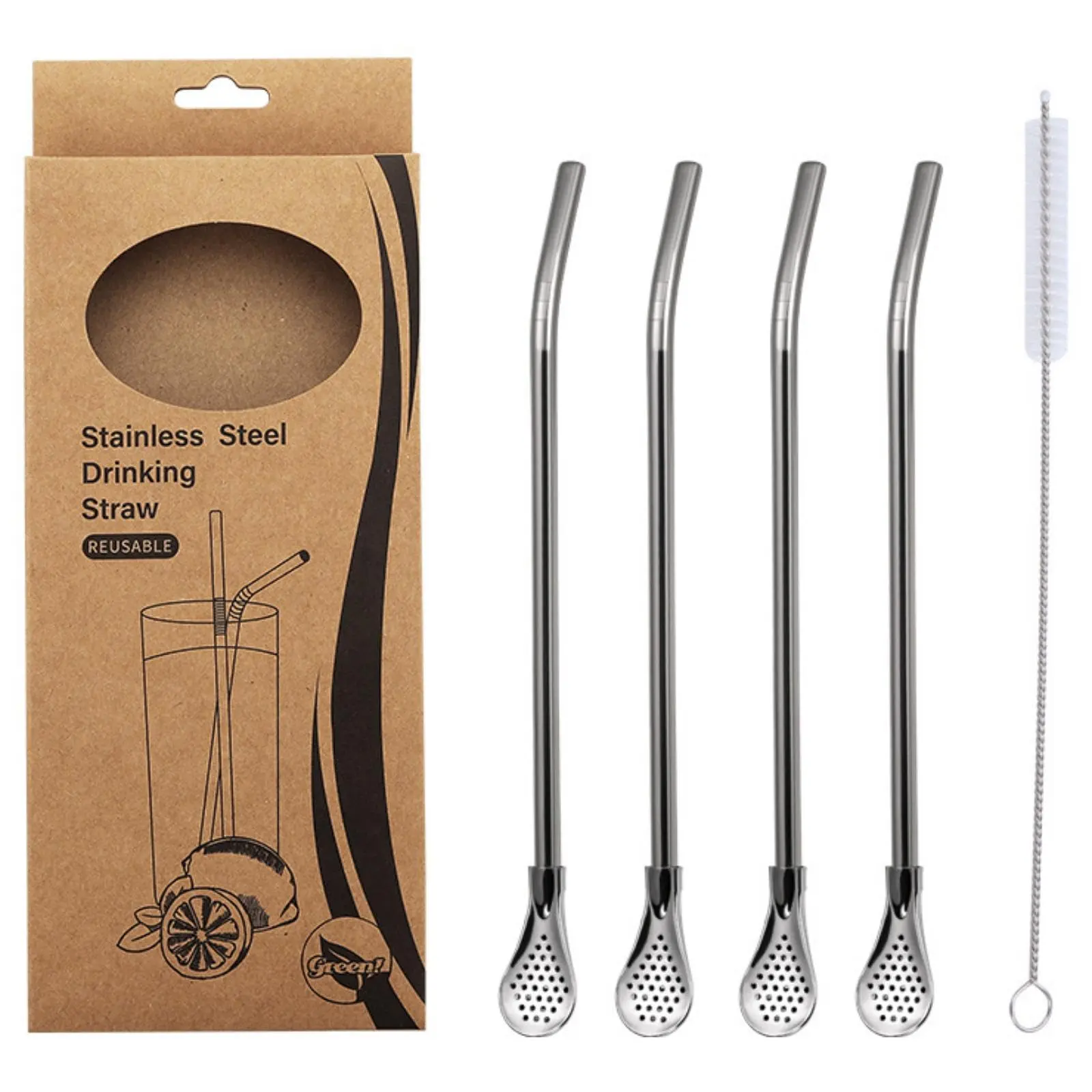 Stainless Steel Spoon Straws  4-piece Set With Filter Reusable Drinking Cleaning Brush
