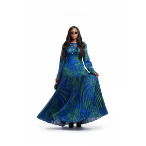 African Women's Maxi Dress-Blue & Green Long Maxi Dress