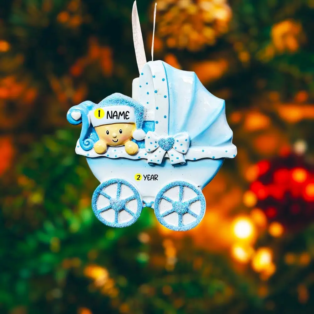 Personalized Baby's First Christmas Ornament | Blue Baby Carriage Keepsake