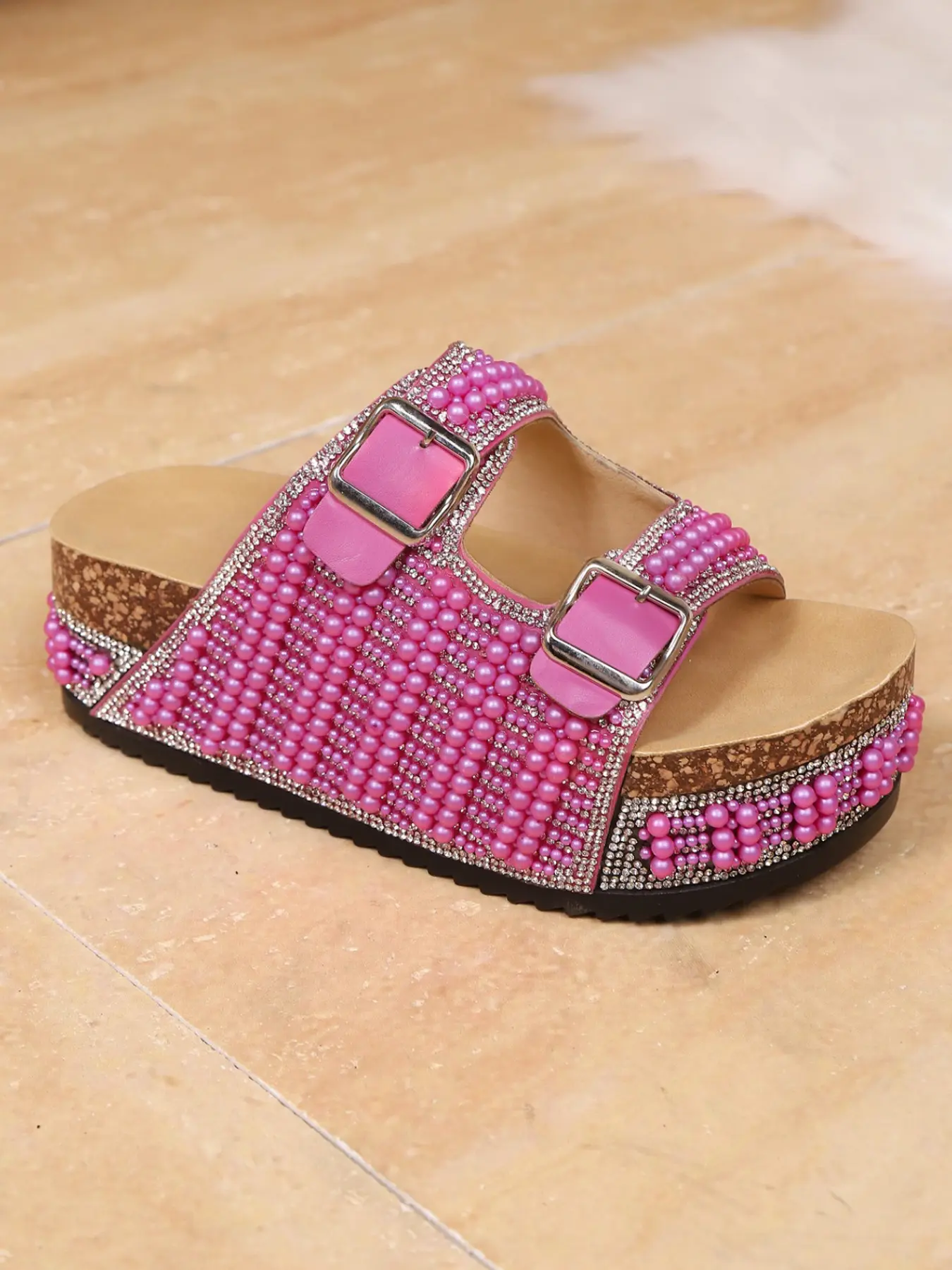Thick Sole Sandals, Glitter Sandals, Buckle Decorated Sandals, Pearl Rhinestone Slippers, Dual Buckle Cork Bottom, Summer Beach Shoes, Boho Sparkly Women's Footwear