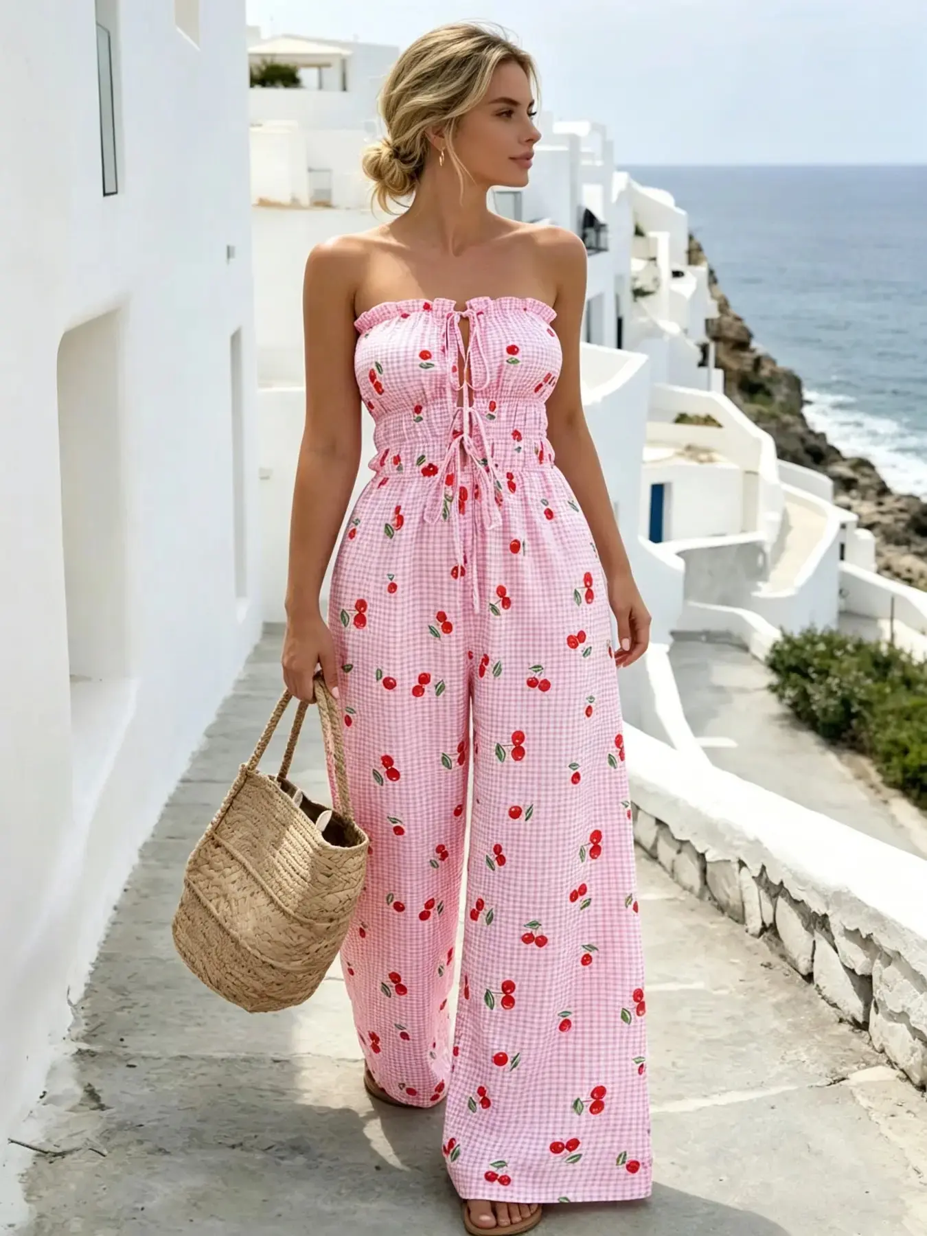 Cherry Halter One-Piece Wide Leg Pants, Sweet Vacation Style, Waist Cinch Ruched Bow Tie, Beach Travel Teen Casual Women's Clothing Fit