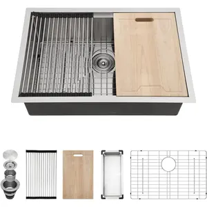 Kichae 28 Kitchen Sink Undermount Stainless Steel - 28x19 Inch Undermount Sink Ledge Workstation Stainless Steel Single Bowl Under Counter Kitchen Sinks Handmade Basin