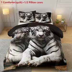 3-Piece Bedding Set with 2D Tiger Design, and Striped African Wildlife Pattern, Year-Round Room Decoration (1 Quilt + 2 Pillowcases)