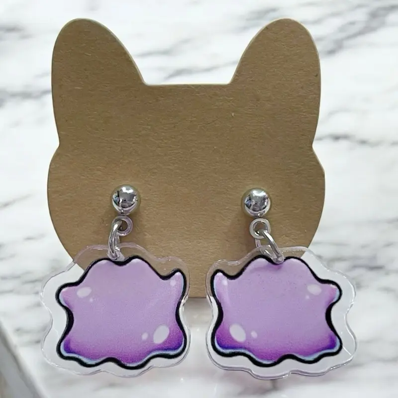 PK Monster Blob Dangly Studded Earrings - Purple Scallop Design with Silver Accents