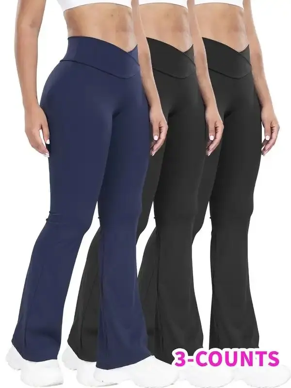 Women's Solid High Waist Flare Leg Sports Leggings, Sporty Comfy Breathable High Stretch Tummy Control Yoga Leggings, Ladies Sportswear for Indoor Wear