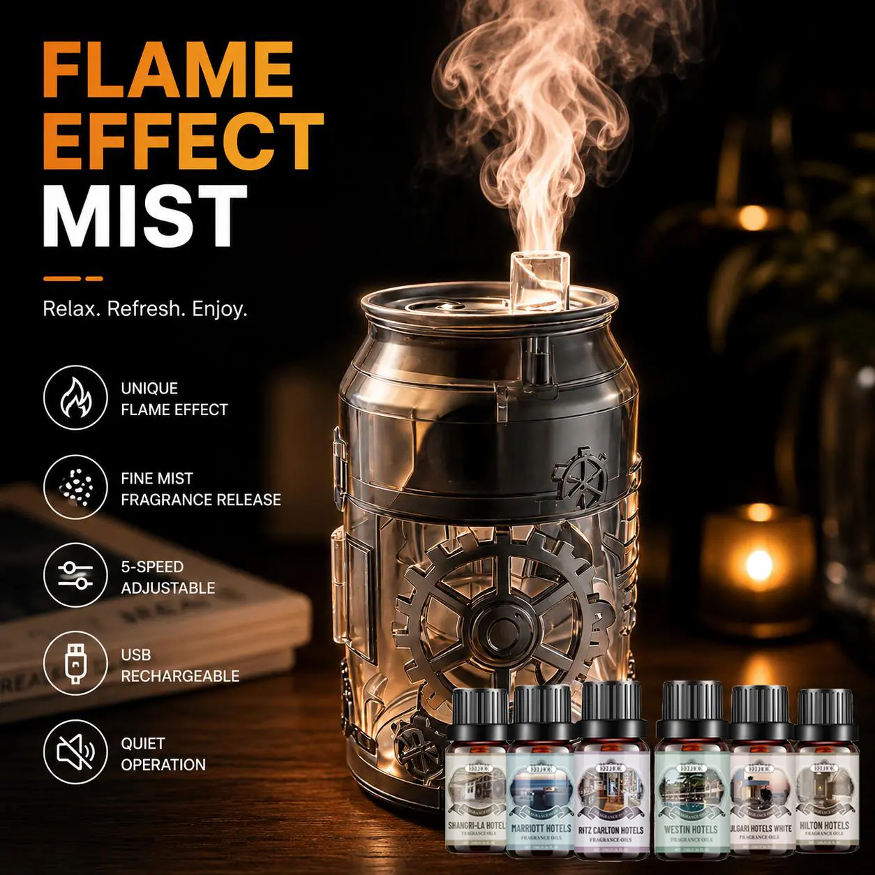Can-Shaped Compact Smart Aroma Diffuser - 5 Speed Levels, USB Rechargeable, Fine Mist Release, Portable Flame Effect, Diffuser for Home, Car & Office
