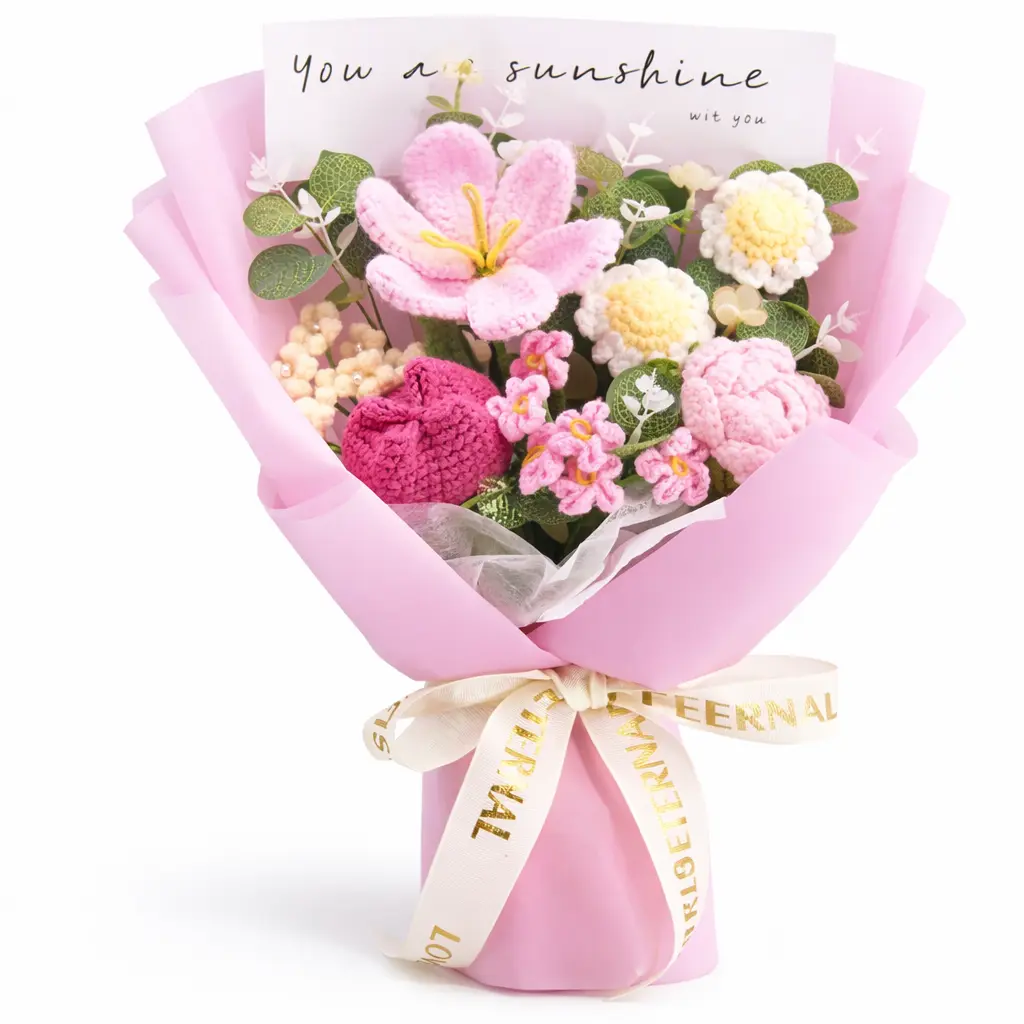 Handmade Crochet Flowers Bouquet Gift for Girlfriend Birthday Wedding Anniversary Just Because Graduation Gift with Pink Tulip Rose Forget-Me-Not Daisy Puff Forever Flowers for Her with Greeting Card US Fast Shipping Romantic Home Decor Women's Gift