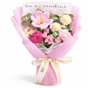 Handmade Crochet Flowers Bouquet Gift for Girlfriend Birthday Wedding Anniversary Just Because Graduation Gift with Pink Tulip Rose Forget-Me-Not Daisy Puff Forever Flowers for Her with Greeting Card US Fast Shipping Romantic Home Decor Women's Gift