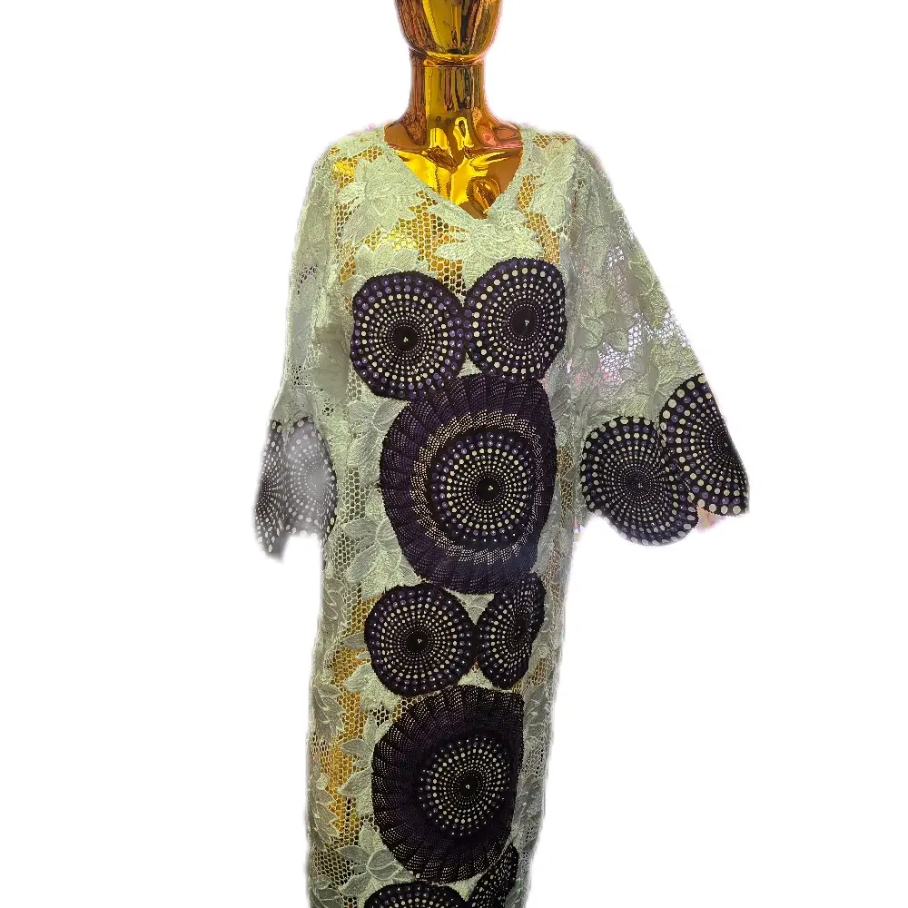 Cassandra Luxury Laces Kaftan with Elegant Embroidered Circles and Delicate Gold Accents