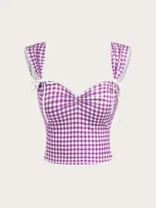 SHEIN EZwear Plaid Sleeveless Top For Women With Sweetheart Neckline And Knotted Front