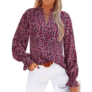 Women's 2026 Summer Boho V-Neck Floral Long-Sleeve Chiffon Blouse - Casual Loose Puff-Sleeve Print Work Top for Ladies