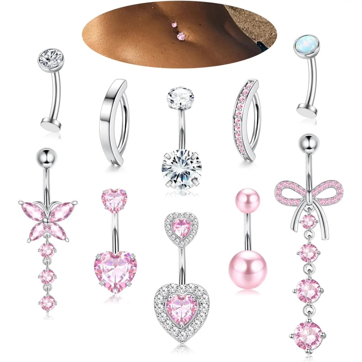 Stylish Summer 10 Pcs Gold Belly Button Ring -Dangle Surgical Stainless Steel Belly Rings for Women 14G CZ Heart Opal Clicker Floating Navel Belly Button Piercing Silver/Gold/Pink Body Jewelry Umbilical Cord Jewelry