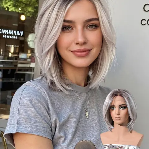 Topshe 13x6 Women's Lace Gradual Wig, Dark Root to Silver Gold Bob Cut, Glue-Free Non-Slip Silicone Band, Fashion Hair Accessory