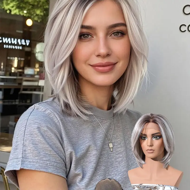 Topshe 13x6 Women's Lace Gradual Wig, Dark Root to Silver Gold Bob Cut, Glue-Free Non-Slip Silicone Band, Fashion Hair Accessory
