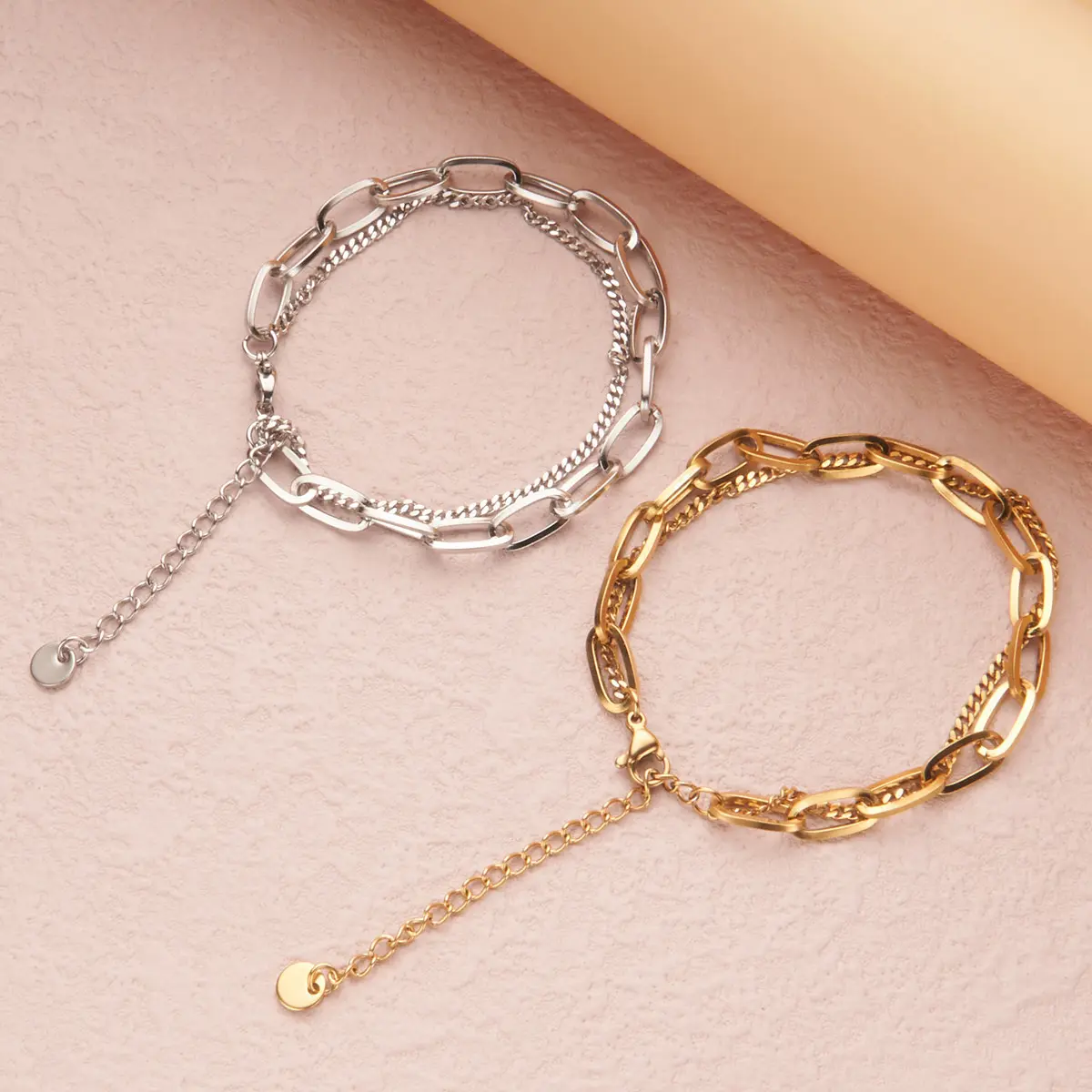 Double-Layer Chain Bracelet with Cuban and Paper Clip Links, Fashionable Stackable Jewelry for Women, Birthday Gift, Fashionable Bangles, Multilayered Bangles, Gemstone, Chain Link, Daily Wear
