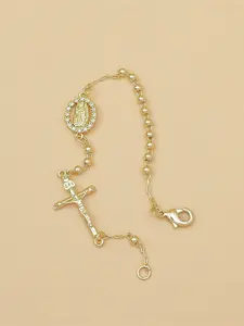 Vintage Virgin Mary Bracelet with Cross & Beads - 18K Gold Plated Copper Religious Jewelry, Stackable Bracelet, Valentine‘s Day Gift, Christmas Gift, Baptism/Confirmation Gift for Her/Him, Catholic Christian Devotional Jewelry