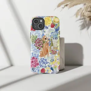 European Summer Golden Retriever Phone Case - Lemon & Blue Pottery Floral Cover for iP Phone 15 14 13 12 11 X Pro Max - Preppy Dog Mom Aesthetic Gift