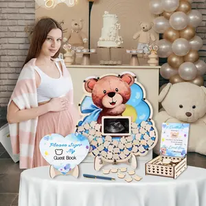 66 count We Can Bearly Wait  Shower Guest Book Alternative Wooden Guest Sign in  with Sonogram Photo Frame  Guestbook Pregancy  for  1st Birthday Party Decorations