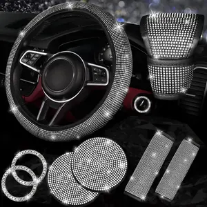 8 pcs Bling Car Accessories Set for Women, Bling Rhinestone Diamond Steering Wheel, Sparkly Seat Belt Covers, Bling Gear Shift, Universal Fit Most Cars (Silver Diamond)