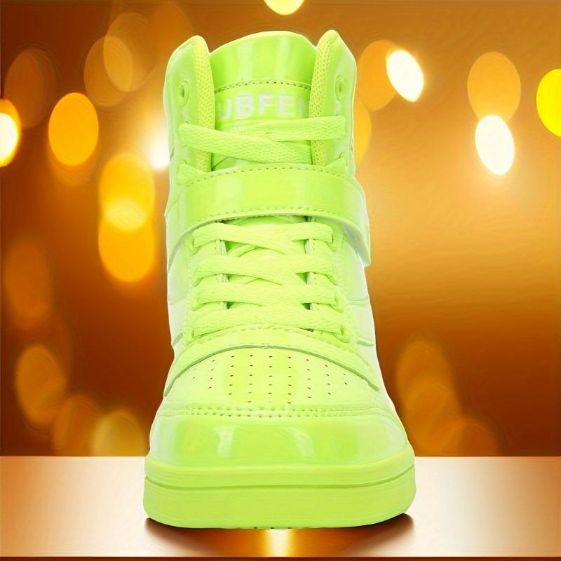 Women's Vibrant Neon Green High-Top Sneakers - Retro 80s Style, Faux Cover, Removable Insole, Hook & Loop Closure, Casual Tennis Shoes for All Seasons, Casual Footwear | Trendy Footwear | Laceup Closure