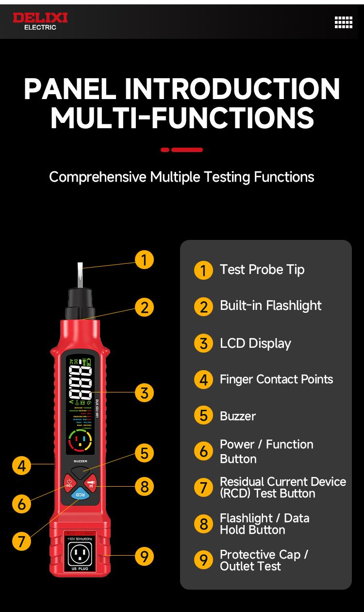 DELIXI 2 in 1 Outlet Circuit & Voltage Tester Pen, 2–440V AC Voltage Detector with NCV Function, Integrated GFCI Outlet Tester & Polarity Check, LCD Display, Audible Alarm & Flashlight, 3 Prong AC Voltage Socket Checker, Wiring Fault Detector detail 13