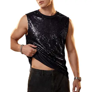 Men's Sequin Tank Top Sparkly Glitter Sleeveless Shirt Crew Neck Shiny Metallic Vest for Music Festival, Disco Party, Stage Performance
