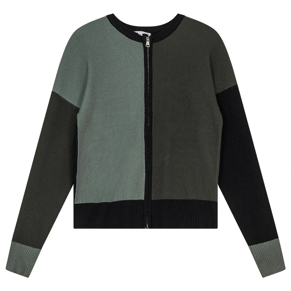 Color Block Double Zip Knit Cardigan