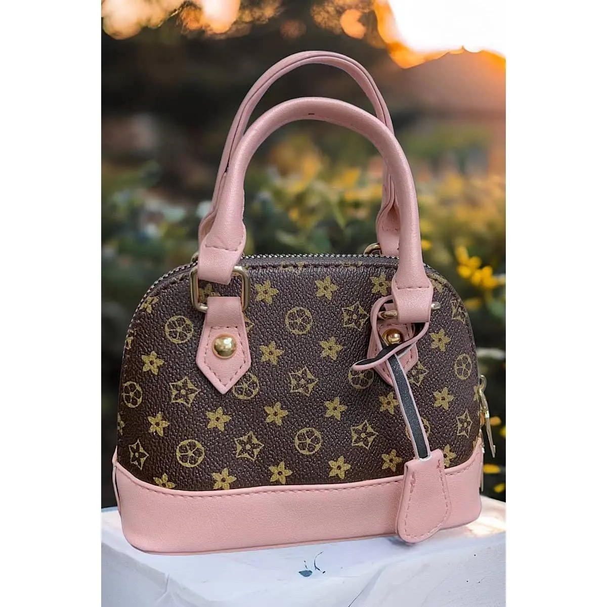 Brown Star Print Mini Purse | Wide Strap Crossbody Bag with Pink Trim for Girls & Tweens