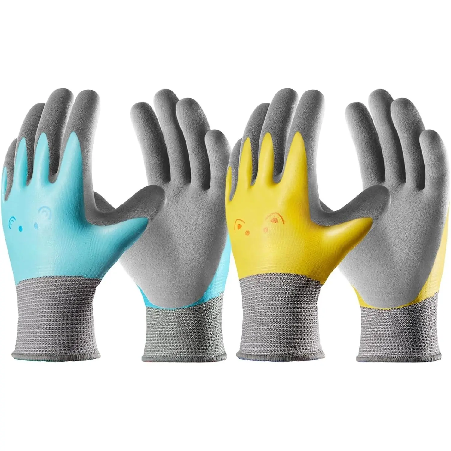 SQ-HBL005 2 Pairs Waterproof Kids Gardening Gloves for Age 8-10, Non-slip Double-layer Rubber Coating,Children Grippy Breathable Toddler Garden Work Gloves, Blue & Yellow, Large