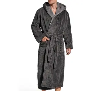 Mens Fleece Plush Robe with Hood Ultra Soft Fluffy Full Length Long with Pockets Luxurious House Coat