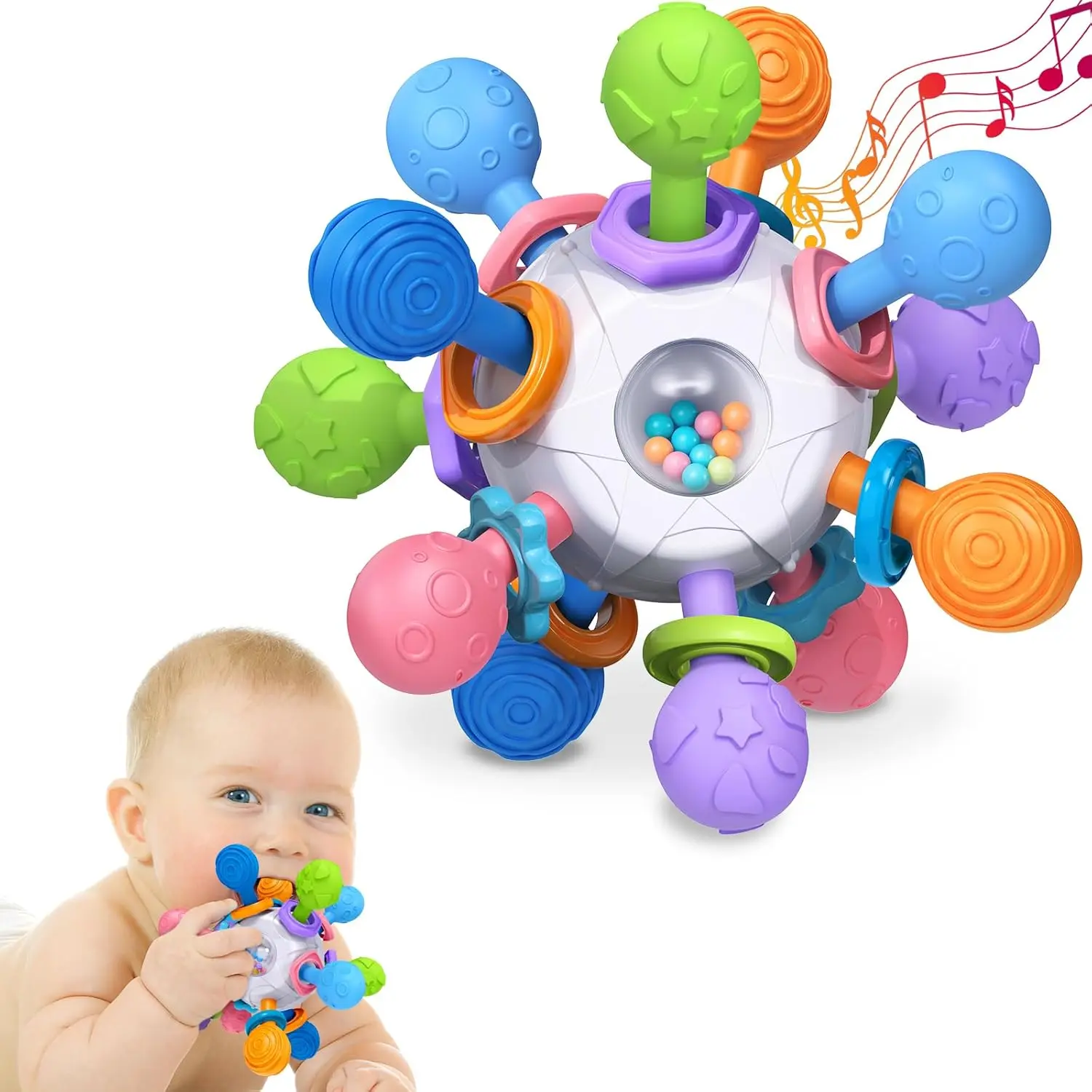 Montessori Sensory Teething Toy Twist Ball Teether Activity Toy with Rattle and Fun Bright Colors -  Develops Fine Motor Skills - 3 + Months