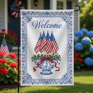 Chinoiserie Welcome Garden Flag, Custom Initial American Flag Decor, Red Blue White 4th of July Yard Flag, Outdoor Patriotic Decor