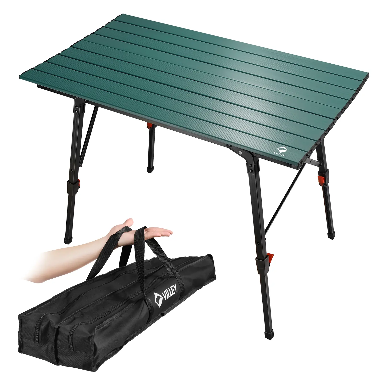 VILLEY Portable Camping Table with Adjustable Legs, Lightweight Aluminum Folding Beach Table with Carrying Bag for Outdoor Cooking, Picnic, Beach, Backyards, BBQ and Party
