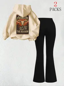 Women's Warm Sweatshirt Set + Slim Fit Flare Pants, Casual Winter Cow Head Letter Print, Kangaroo Pocket Design, Knit Outfit Set