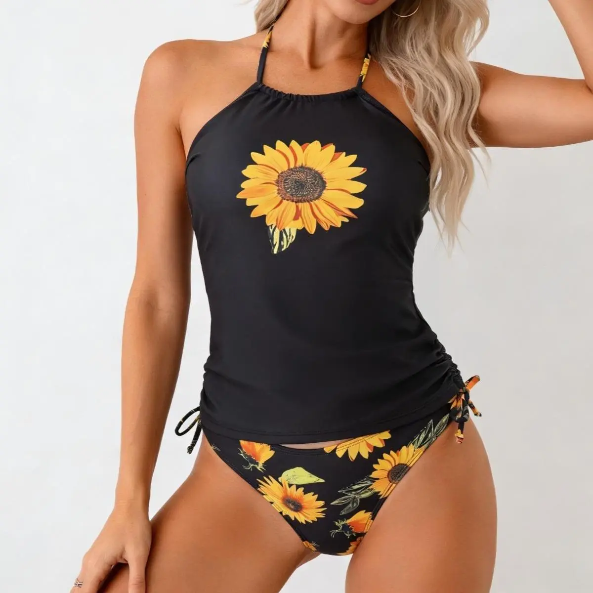 2026 Women's 2-Piece Tankini Set, Black Halter Neck Tank Top with Large Sunflower Graphic, Matching Sunflower Print Bottom with Side Drawstring Detail, Modest Tummy Control Bathing Suit for Beach & Vacation