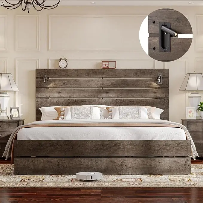 Amerlife King Size Farmhouse Modern Wooden Platform Bed Frame - 51”Tall Adjustable LED Illuminated Headboard, Rustic Appearance, No Box Spring Needed, Sturdy, Easy Assembly (Rustic & Large Bed Frames), Wooden Bed Frame