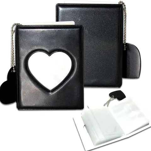 Mini Photo Album - Durable 3-Inch Office Binder Accessory, Compact 0.27"h (7.48"l x 4.72"w), Fade Resistant, 32-Pocket Inner Photo Keeper, Mirror-Like Shine Binder, Heart Hollow Pendant, Black Fan Gift
