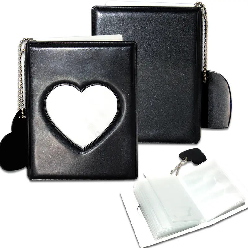 Mini Photo Album - Durable 3-Inch Office Binder Accessory, Compact 0.27"h (7.48"l x 4.72"w), Fade Resistant, 32-Pocket Inner Photo Keeper, Mirror-Like Shine Binder, Heart Hollow Pendant, Black Fan Gift