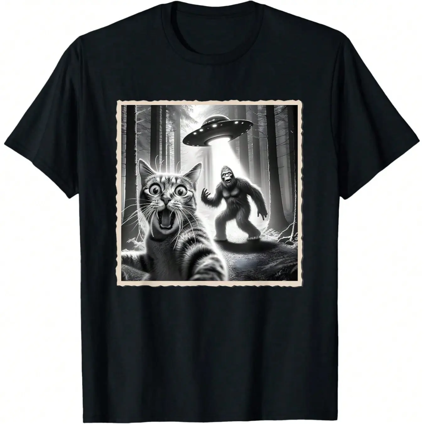 Men's Short-Sleeve Crew Neck T-Shirt, Loose Fit Cotton Fabric, Ultra-Soft Breathable Moisture-Wicking Stretch, Black Casual Streetwear Top, Funny Cat Selfie With Sasquatch & UFO Design, Gift For Women