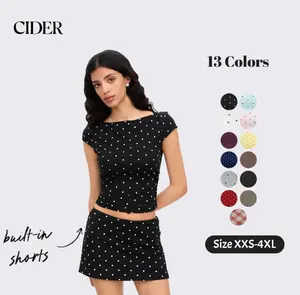 Cider Cotton-blend Boat Neck Polka Dot Ruched Tee & Mini Skort with built-in shorts