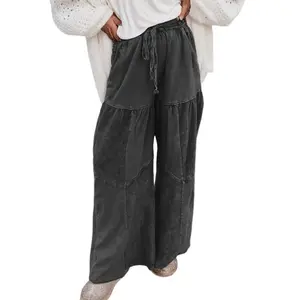 Women’s Black Retro Mineral Wash Tiered Wide Leg Casual Drawstring Pants With Pockets