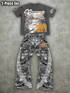 Men's Summer Two-Piece Set, American Retro Racing Theme Streetwear Style, Short Sleeve Graphic T-Shirt + Camouflage Wide Leg Pants, Casual Fashion Loose Fit