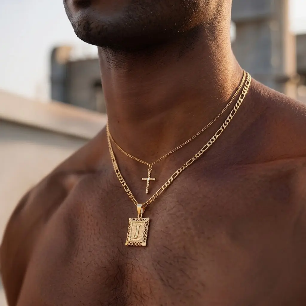 14K Gold Plated Layered Necklace Set for Men Initial Letter Pendant Necklace for Women 3mm Flat Figaro Chain Necklace 20inches