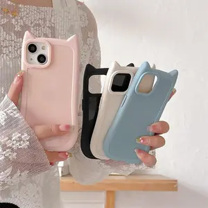 Korean Cute 3D Kitten Cats Ear Solid Color Phone Case for Apple 15 14 13 11 12 Pro Max Girl Silicone Shockproof Soft Cover