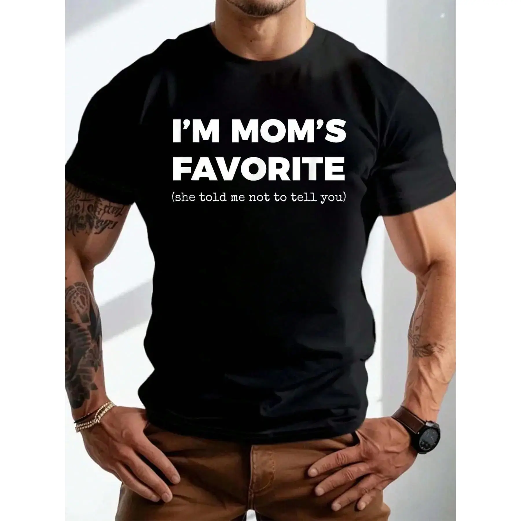 Men's Casual Streetwear Tshirt with 'I'm Mom's Favorite' Plant Applique, Soft Short Sleeve Graphic Top for Summer Menswear, Shortsleeve, T-Shirt, Hem, Regular Hem