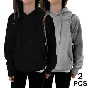 2 piece Pullover solid color basic long sleeve kangaroo pocket off-the-shoulder hooded sweater top for men and women