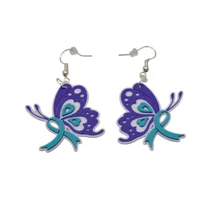Purple & Teal Pretty Butterfly Ribbon Earrings 3D Printed Hypoallergenic Nickel-Free Hooks for Suicide Prevention & Sexual Assault Support