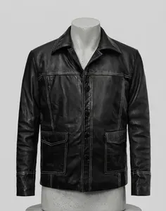 Fame Leather Jackets Men's Vintage 70s Tactical Leather Jacket - Retro Black Button Up Outerwear Coat with White Contrast Stitching